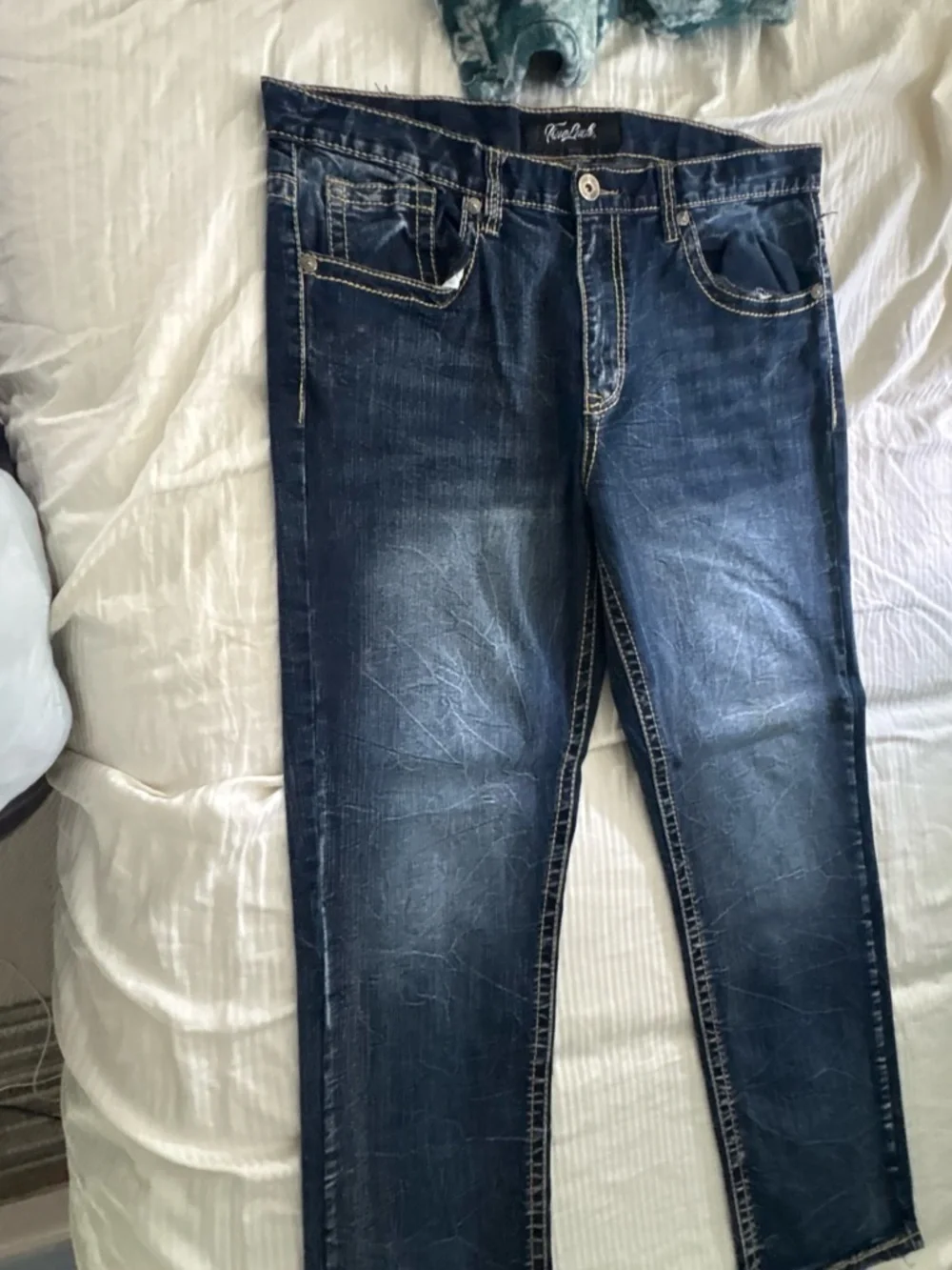 True Religion Dark Blue Bootcut Jeans with Contrast Stitching